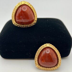 Monet Brick Red Tri-Oval CLIP Earrings